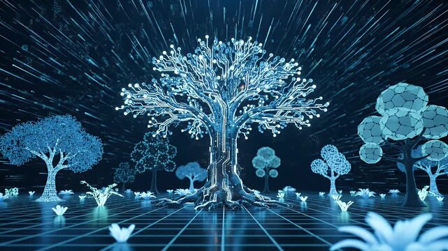 Futuristic digital trees and glowing flora on a grid