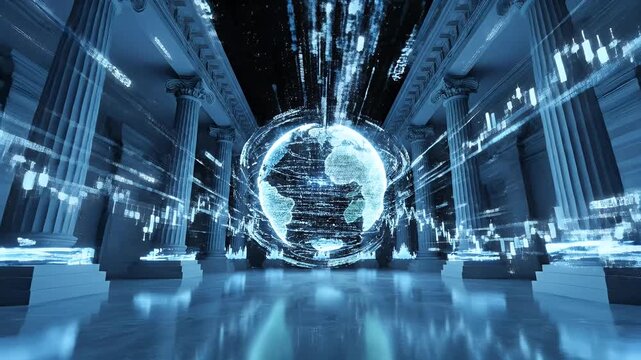 Futuristic digital globe in a grand, classical hall with data streams
