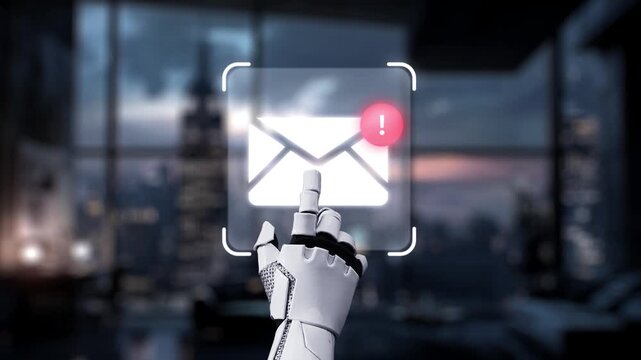 A robotic hand reaches out to interact with a digital email interface displaying various messages in a modern city skyline backdrop at dusk. Auvana