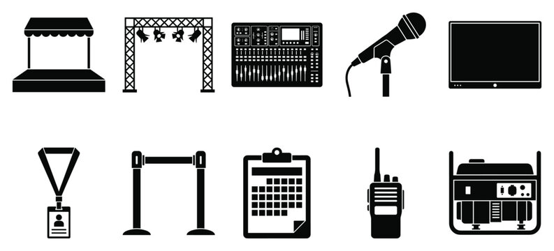 Concert festival icon set. Includes stage, soundboard, microphone, screen, backstage pass, barrier, schedule, walkie talkie, generator. Created in black line style with monochrome palette.