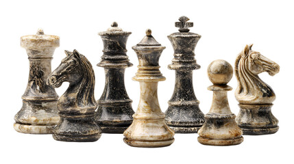 Fototapeta premium A collection of ornate chess pieces arranged on a wooden board isolated on transparent background