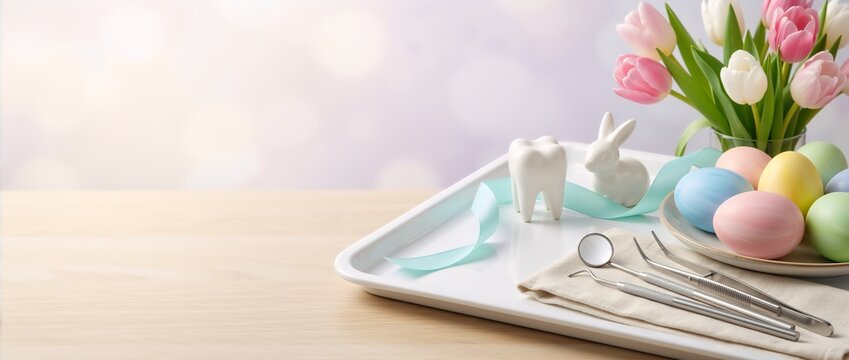 Dental Easter still life with tooth model and dentist tools. Spring oral healthcare concept with pastel eggs and tulips. Professional dental instruments on tray with copy space