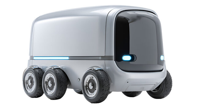 A futuristic, autonomous delivery robot navigating a city street isolated on transparent background