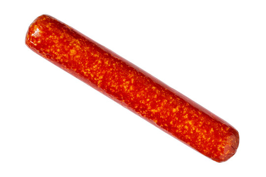 Whole smoked cervelat sausage on a white background. Meat sausage isolated close-up