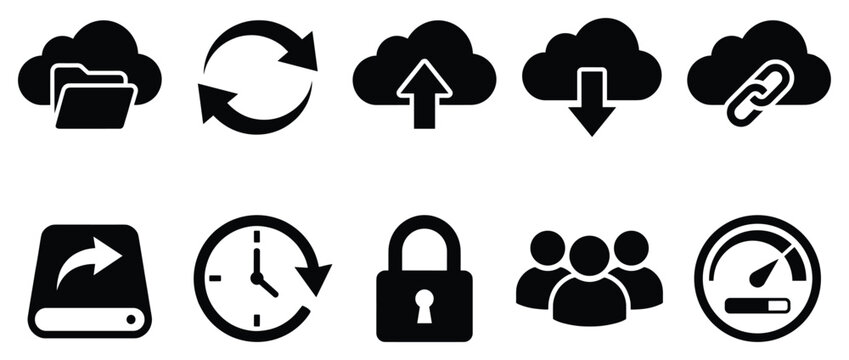 Cloud storage and security icon set. Includes cloud, sync, upload, download, link, mobile, clock, lock, group, settings symbols. Created in simple style with black and white palette