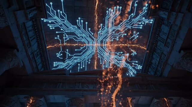 Ancient architecture fused with glowing blue circuitry and fiery energy
