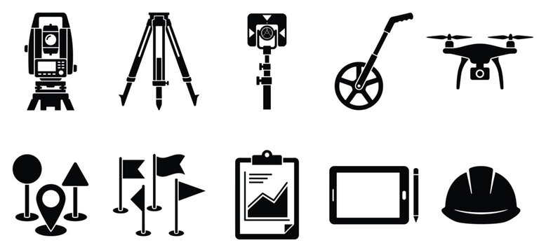 Construction and surveying icon set. Includes surveying equipment, construction tools, drone, flags, map, hard hat. Created in simple style with black and white color palette.