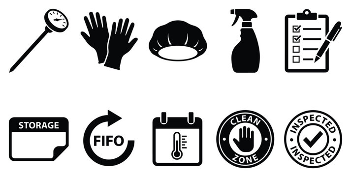 Warehouse and inventory management icon set. Includes storage, FIFO, calendar, cleaning zone, inspected and accepted icons. Created in black and white line style with simple shapes.