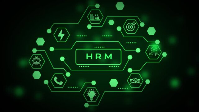 Vibrant green digital network interface with hexagonal nodes and a central data display box on a dark background with bright green bokeh lights and subtle circuit board patterns