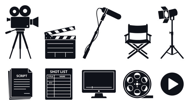 Film production icons and equipment for making movies and television shows with clapperboard, camera, and microphone
