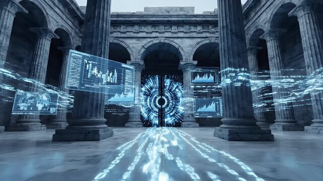 Futuristic data streams flow through ancient columns