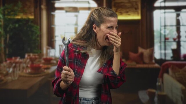 Woman holding wrench with hand to mouth laughing in building interior, red flannel shirt and jeans visible; surprise joy warmth.