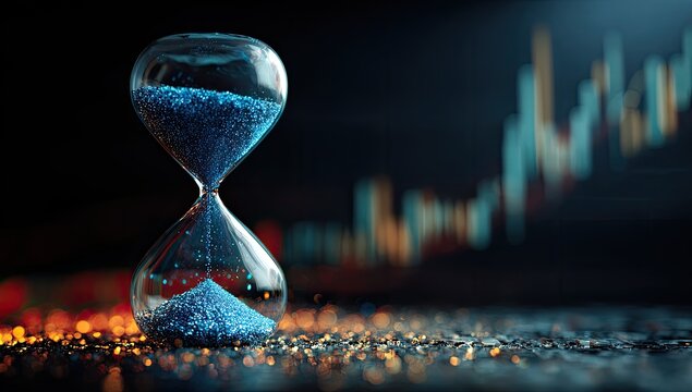 Hourglass with Blue Sand and Blurred Stock Market Chart Background.