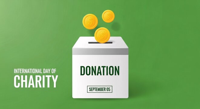 Donation box with coins on international day of charity green background