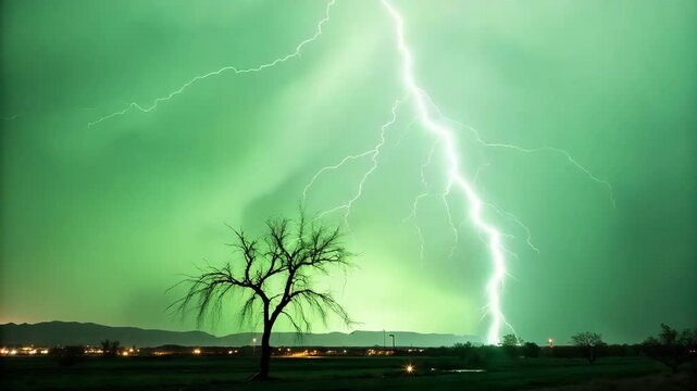 Green Lightning Storm Over Silhouette Tree and Town at Night