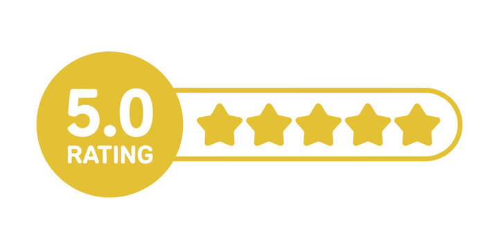 Yellow 5 star rating symbol with 5.0 text stars on white background