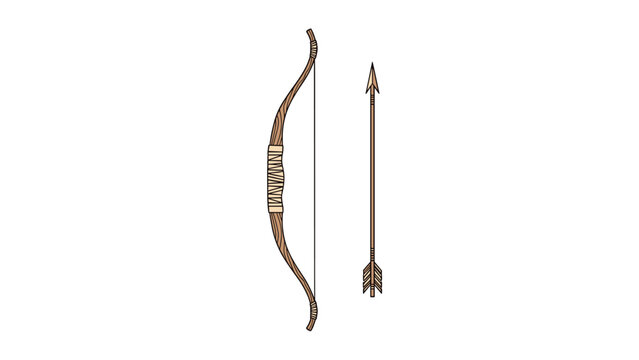Traditional wooden recurve bow stands vertically next to a single fletched arrow, representing archery sports and historical hunting tools.