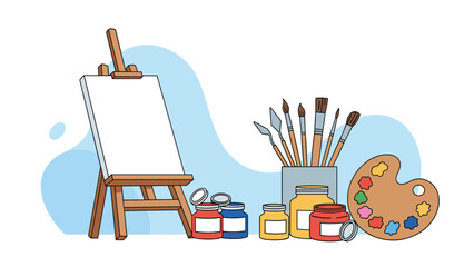 Fototapeta premium Professional artist studio setup featuring a wooden easel with blank canvas, paint jars, brushes in a cup, and a colorful palette.
