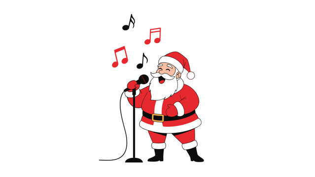 Happy Santa Claus character singing into a microphone with musical notes floating around on a simple white background for holiday celebrations.