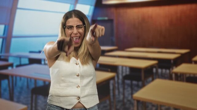 Woman pointing both fingers at camera in classroom wearing glasses and sleeveless buttoned top; playful celebration joy.