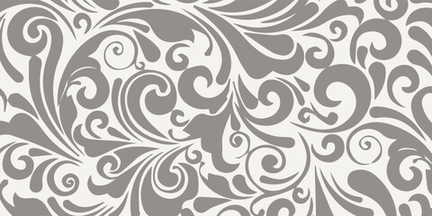 Elegant Gray Swirls and Floral Motifs on White Background. © AsyfaNur