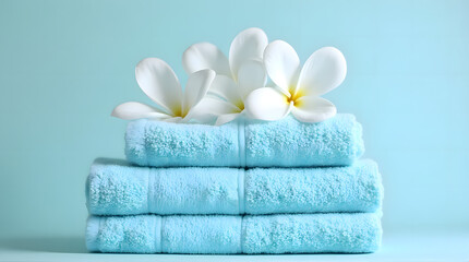 Soft Azure Bath Towels and Tropical Frangipani Blooms