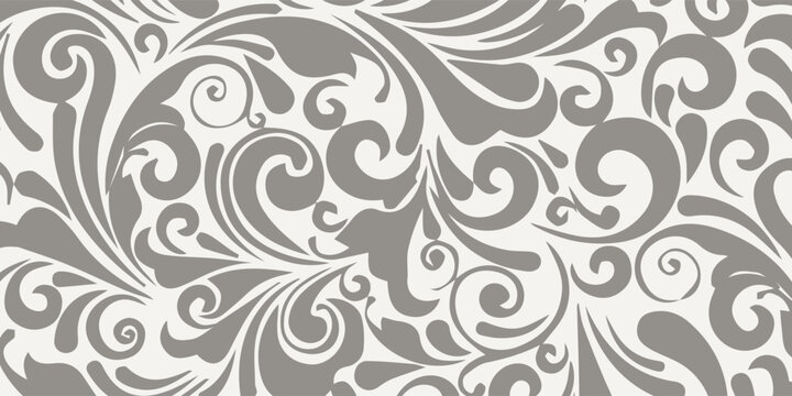 Elegant Gray Swirls and Floral Motifs on White Background.