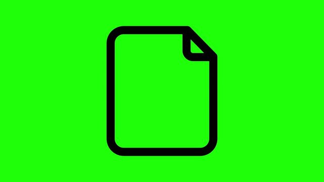 File or document icon animation on green screen, minimalist black outline page symbol for data and office management chroma key video asset