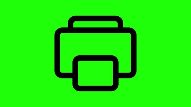 Printer icon animation on green screen, minimalist black outline symbol for printing and document management chroma key video asset
