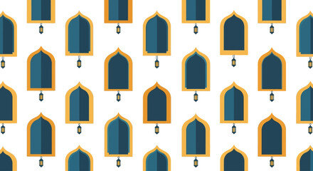 Islamic Geometric Pattern with Arched Windows and Lanterns, Islamic Architecture and Ramadan Motif