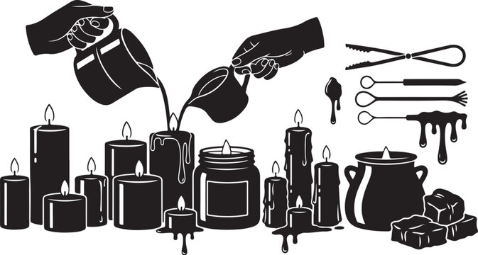 Black and white illustration of candles and tools