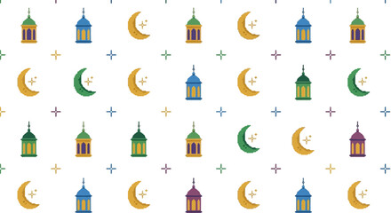 Islamic pattern background with moon, star, and lantern motifs in a seamless design