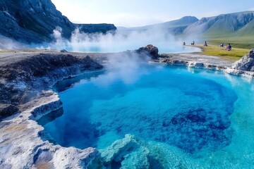 Fototapeta premium Geothermal hot spring pools with blue water and steam