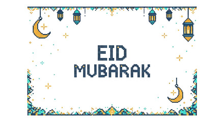 Festive Eid Mubarak greeting design with decorative crescent moons and lanterns, perfect for Islamic holiday celebrations and cultural wishes