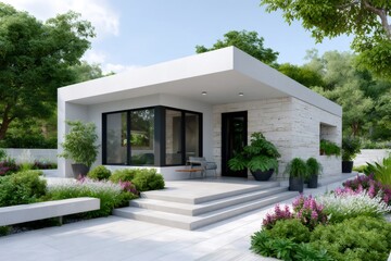 Modern minimalist house with lush green garden