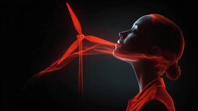Eco-Conscious Breathing: A woman exhales, her breath intertwined with the graceful dance of a wind turbine, symbolizing the power of clean energy and a commitment to environmental harmony.