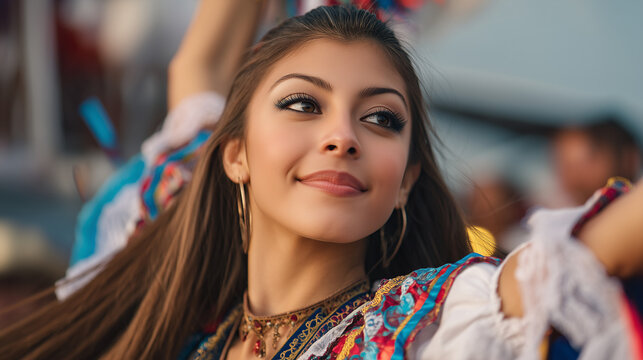 Woman in traditional attire smiling during April festivities in Tampico, Mexico, wearing vibrant costume.