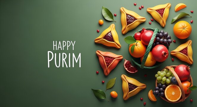 Happy Purim text with hamantaschen and fruit in basket. Traditional Jewish holiday treat, top view, for greeting card.
