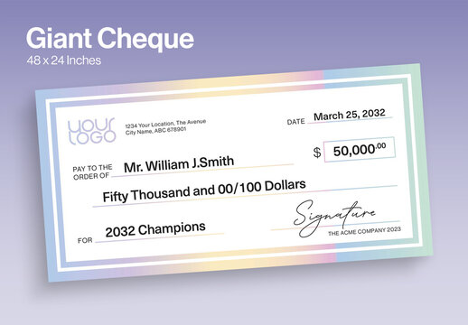 Giant Cheque Template for Charity Donation & Award Prize Presentation Checks, Black Check Cheque Layout