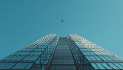 Fototapeta premium Modern Glass Skyscraper Reaching Towards a Clear Blue Sky with a Small Aircraft Above.