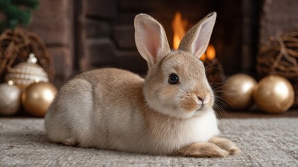 Naklejka premium Cute Rabbit Relaxing Comfortably Beside Crackling Fireplace with Warm Glow and Festive Ornaments in Cozy Atmosphere
