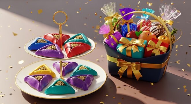 Colorful Purim hamantaschen cookies on a serving stand with a gift basket for mishloach manot. Jewish holiday treats and presents.