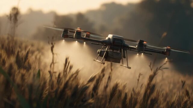 Agricultural drone spraying crops in evening light for farming application