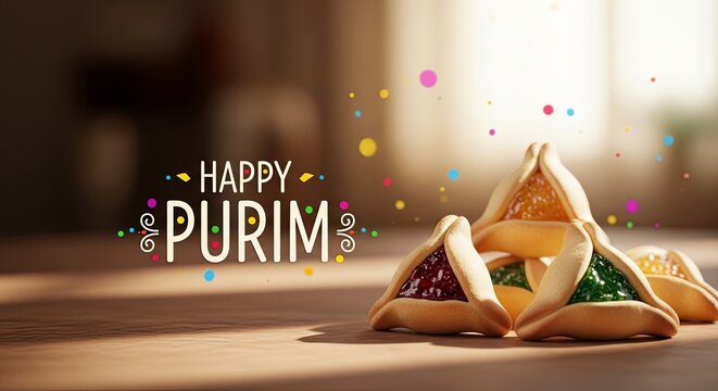 Happy Purim text with colorful confetti and traditional hamantaschen cookies on a wooden table for Jewish holiday celebration.