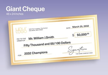 Giant Cheque Template for Charity Donation & Award Prize Presentation Checks, Black Check Cheque Layout