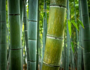 Fototapeta premium Close-up of verdant bamboo stalks in a bamboo forest. Some stalks are front and center, while others fade away in the distance