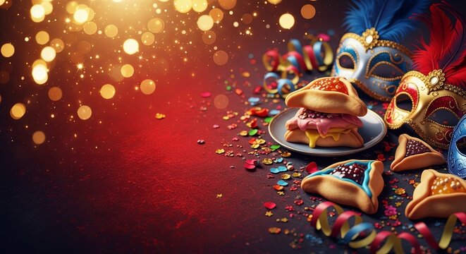Hamantaschen cookies, glitter, confetti, and festive masks celebrating Purim holiday. Jewish celebration, carnival atmosphere for greeting card.