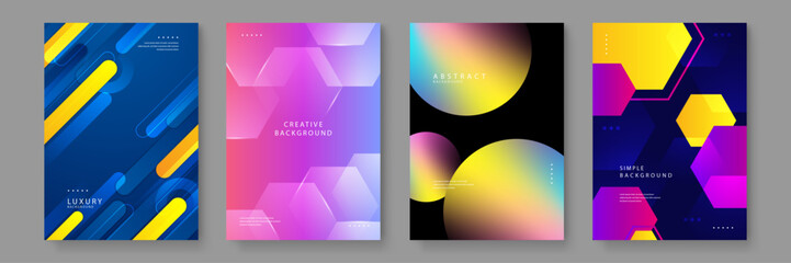 A collection of four professional abstract background posters featuring trendy geometric shapes vibrant gradients and modern typography for corporate or creative use © Badr Warrior