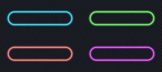 Neon capsule shaped frames set in various vibrant colors for modern digital interfaces . Glowing frames in blue green red and purple colors for headers and buttons vector illustration. © Nurex-Vectors