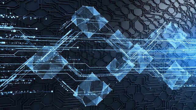 Glowing geometric shapes traverse a digital circuit board background